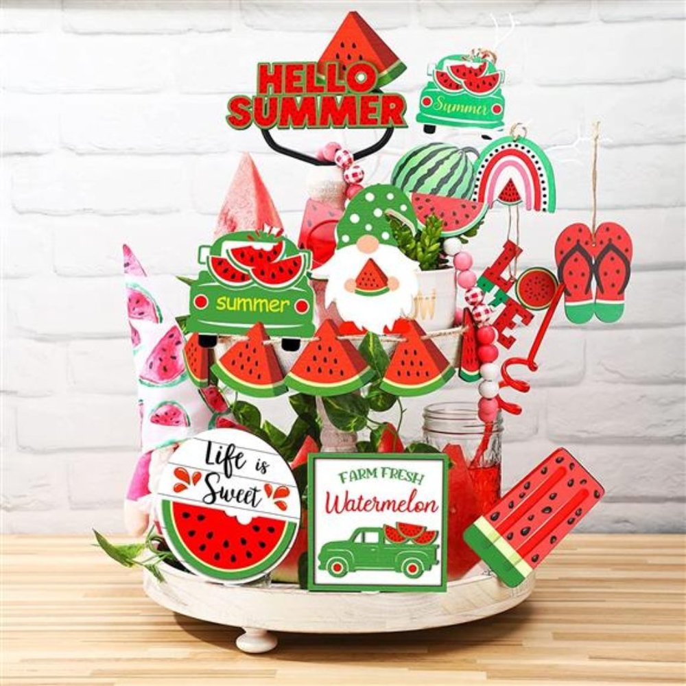 11 Pieces Summer Hawaii Tiered Tray Decor Set Summer Wood Sign, Watermelon Style